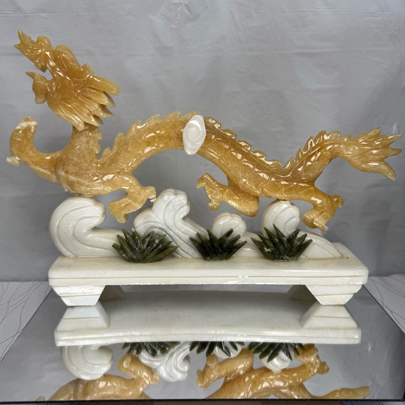 Yellow Jade Carved Stone Serpent Dragon Statue - Picture 6 of 13
